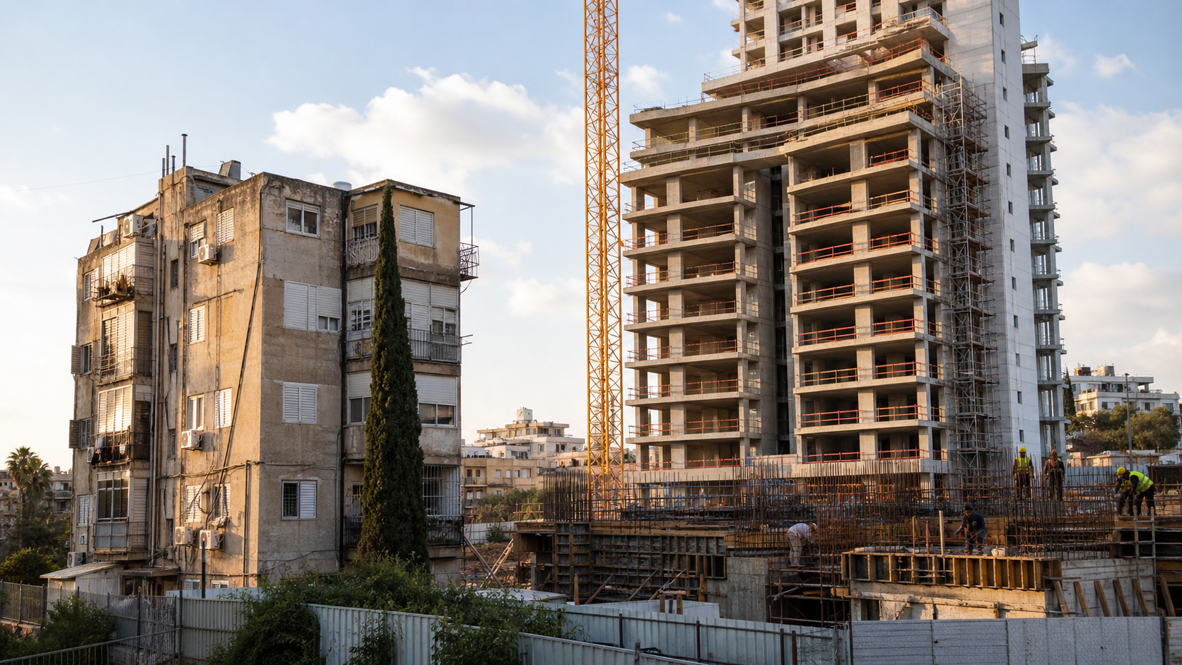 בניין מגורים ישן לצד מגדל חדש הנבנה במסגרת התחדשות עירונית