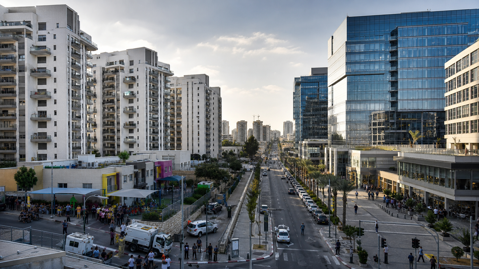 שכונת מגורים מול אזור משרדים ומסחר, הממחישים את מבנה הכנסות הארנונה של הרשויות המקומיות