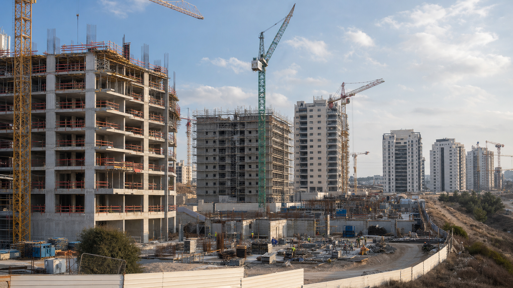 אתר בנייה למגורים בישראל עם מגדלים בשלבי הקמה שונים ומנופי בנייה