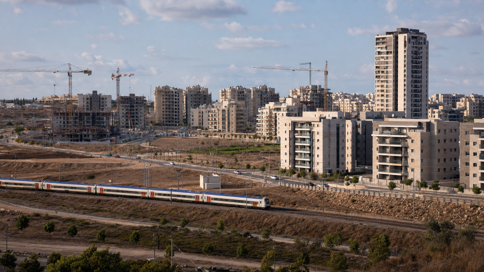 מבט על רובע מגורים בבנייה בקריית גת לצד מסילת רכבת