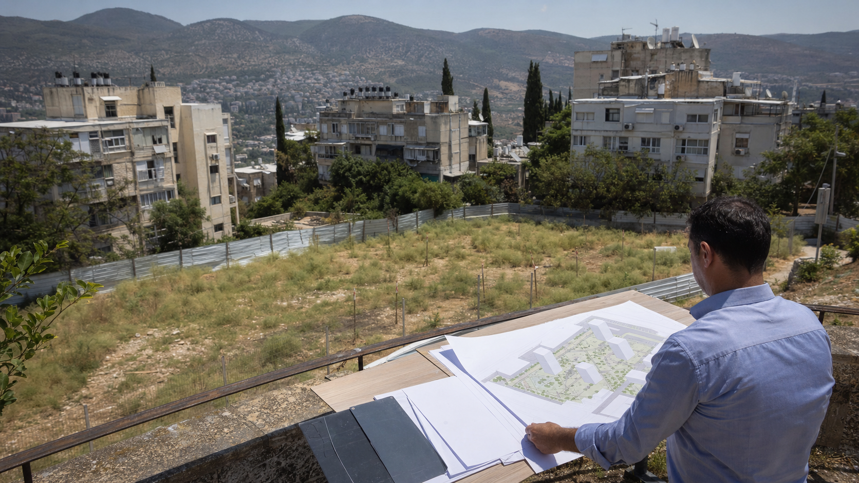 מתכנן עירוני בוחן תוכנית בנייה מול שכונת מגורים ותיקה ומגרש שטרם נבנה בצפון הארץ