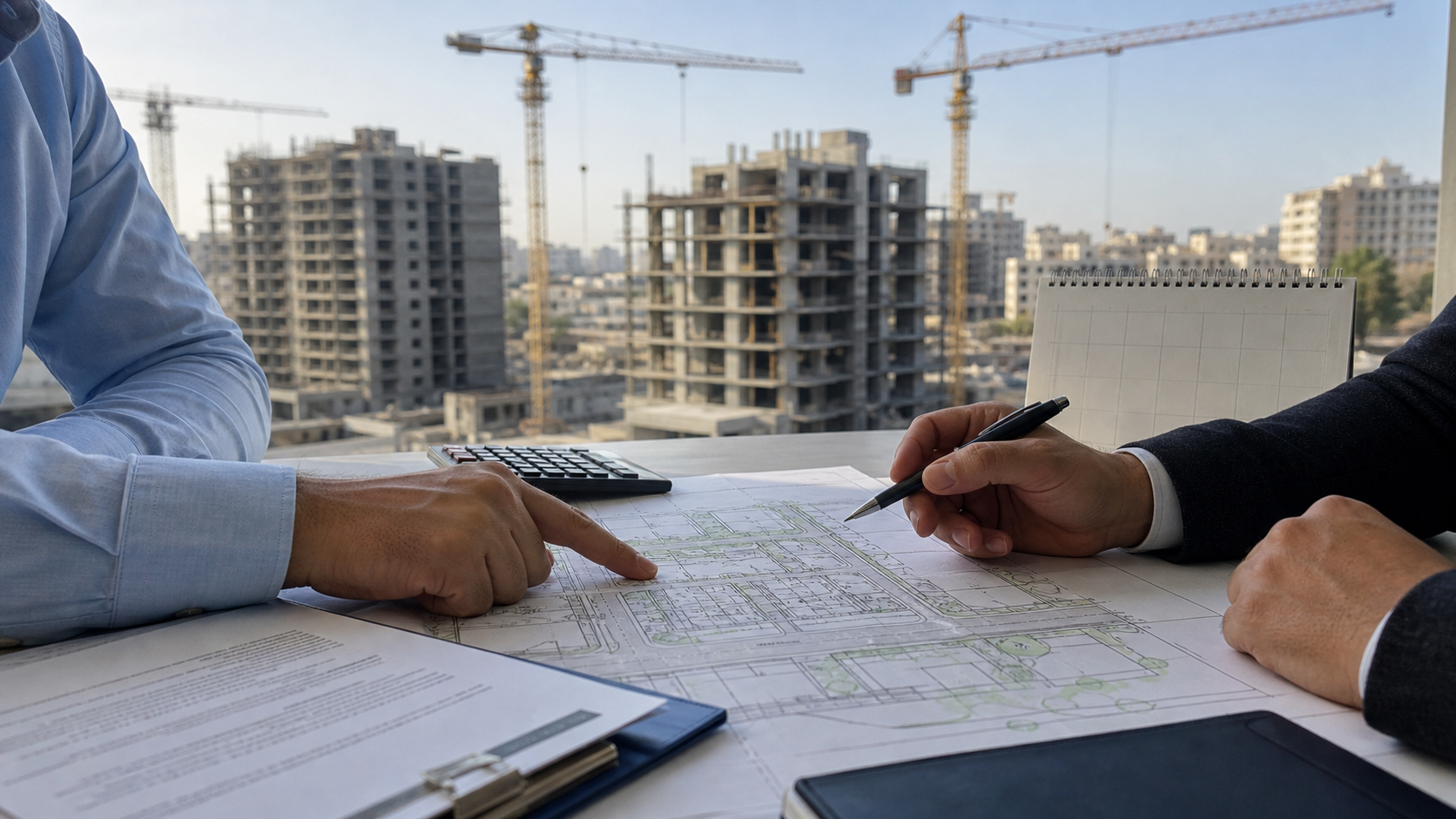 בעל קרקע ויזם בוחנים תוכניות בנייה באתר שבו מוקם פרויקט מגורים
