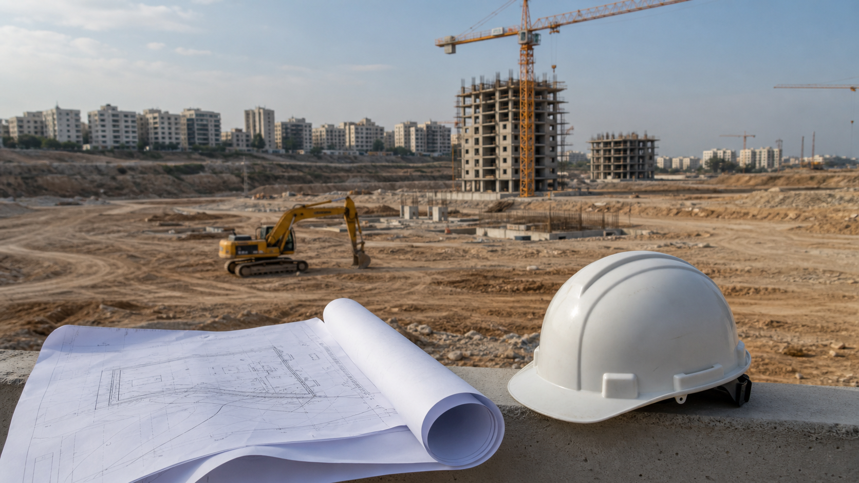 תוכניות בנייה וקסדת מגן מול אתר בנייה ישראלי גדול שנמצא בשלבי ביצוע ראשונים
