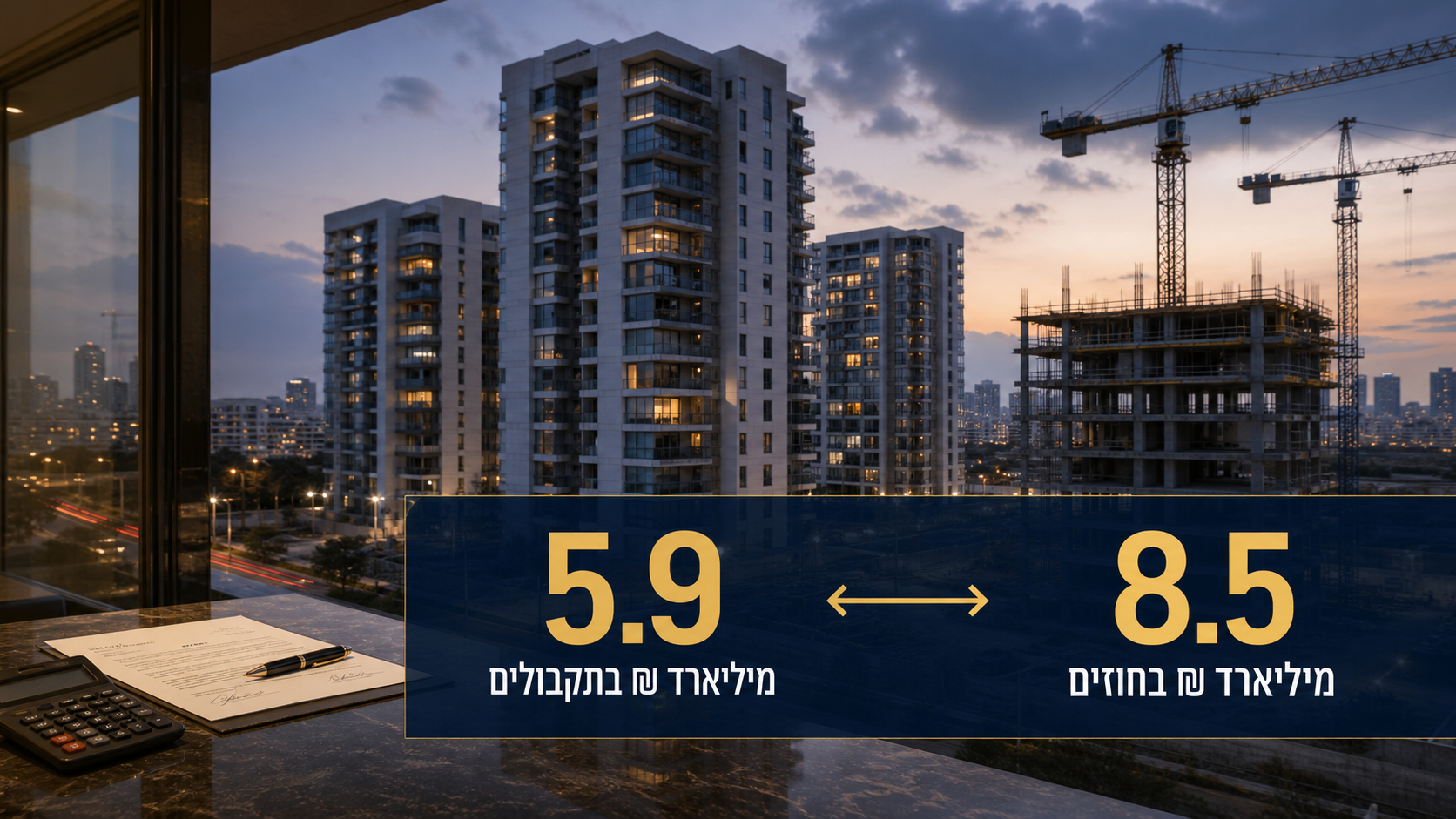 פרויקט מגורים בבנייה ולצדו השוואה בין 8.5 מיליארד שקל בחוזים ל־5.9 מיליארד שקל בתקבולים