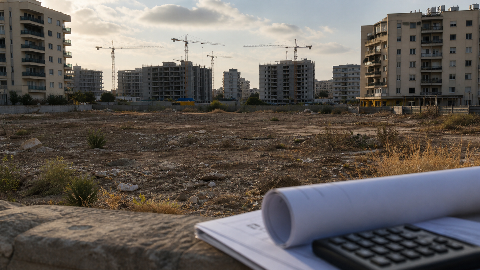 קרקע עירונית פנויה בין בנייני מגורים ומנופים, לצד תוכניות ומחשבון