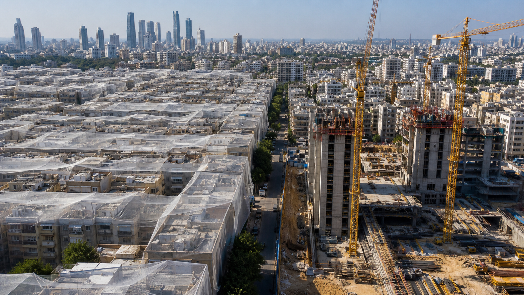 שכונה ותיקה לצד אתר בנייה פעיל של מגדלי מגורים