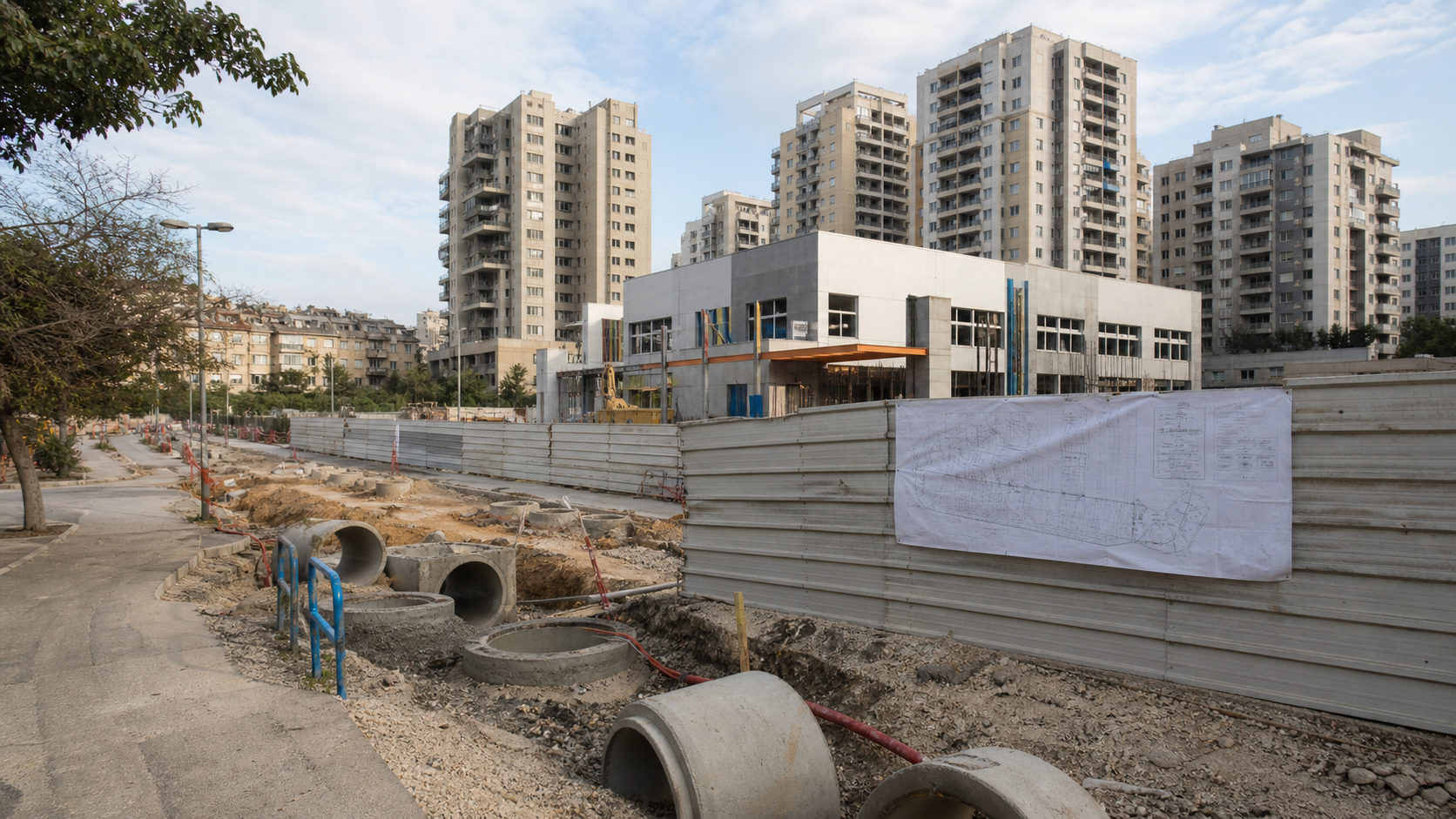 עבודות תשתית וביוב בשכונה שבה מוקמים בנייני מגורים