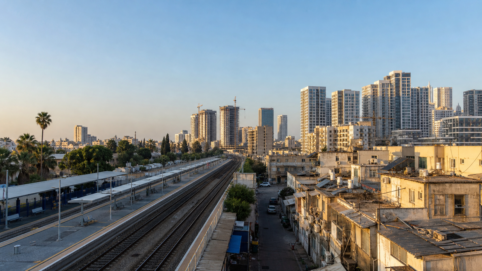 מסילת רכבת לצד שכונה ותיקה ומגדלי מגורים חדשים