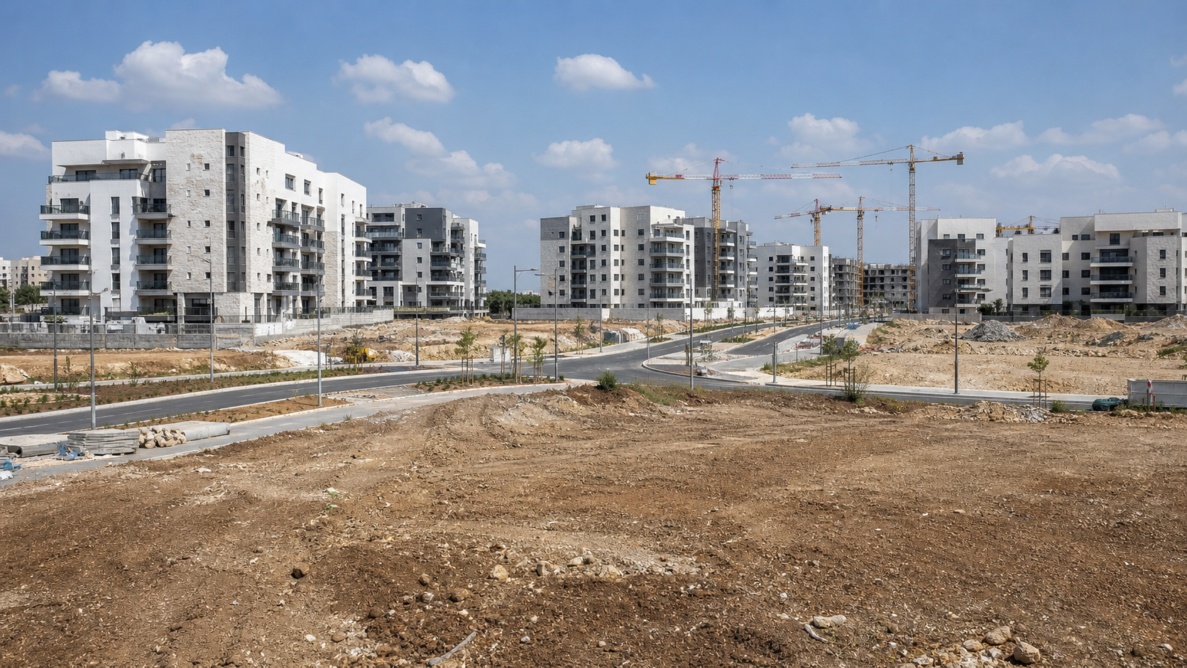 בנייני מגורים חדשים לצד מסמכי חישוב של מחיר הקרקע
