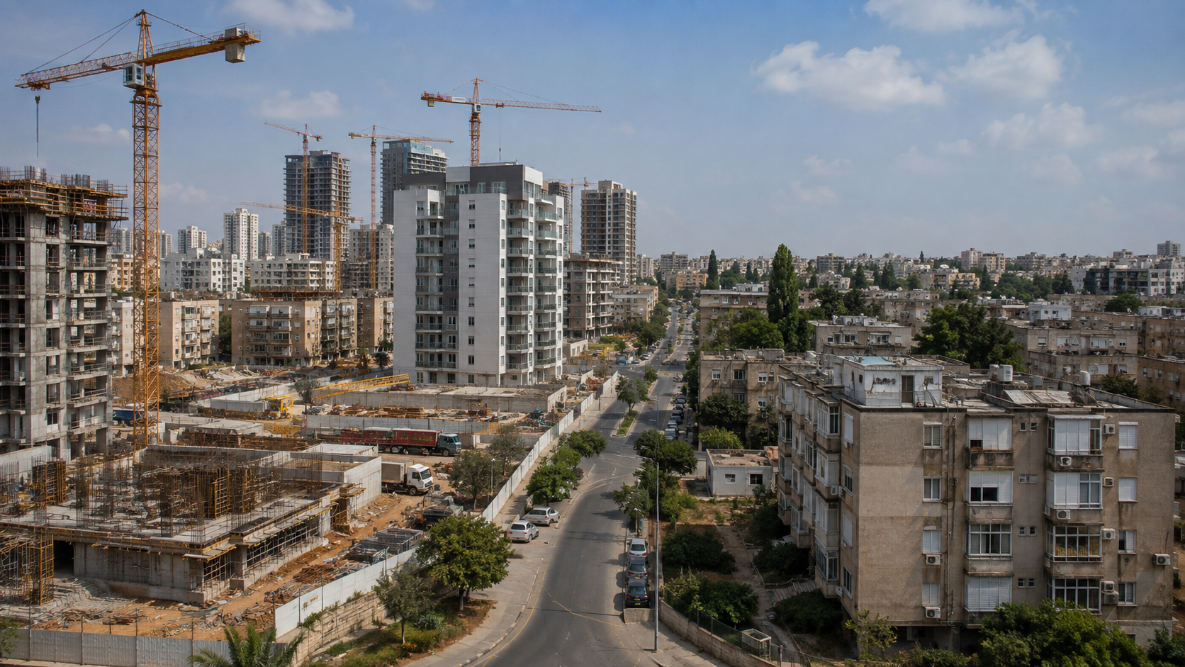 אתר התחדשות עירונית פעיל לצד בנייני מגורים ותיקים שלא חודשו