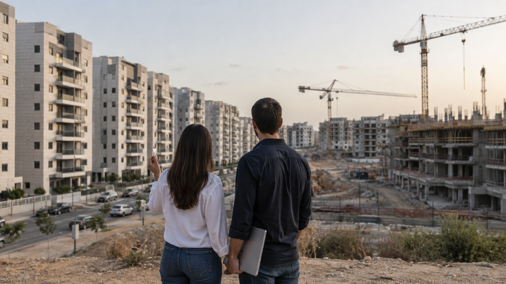 זוג צעיר מול שכונת מגורים חדשה שחלקה עדיין בבנייה