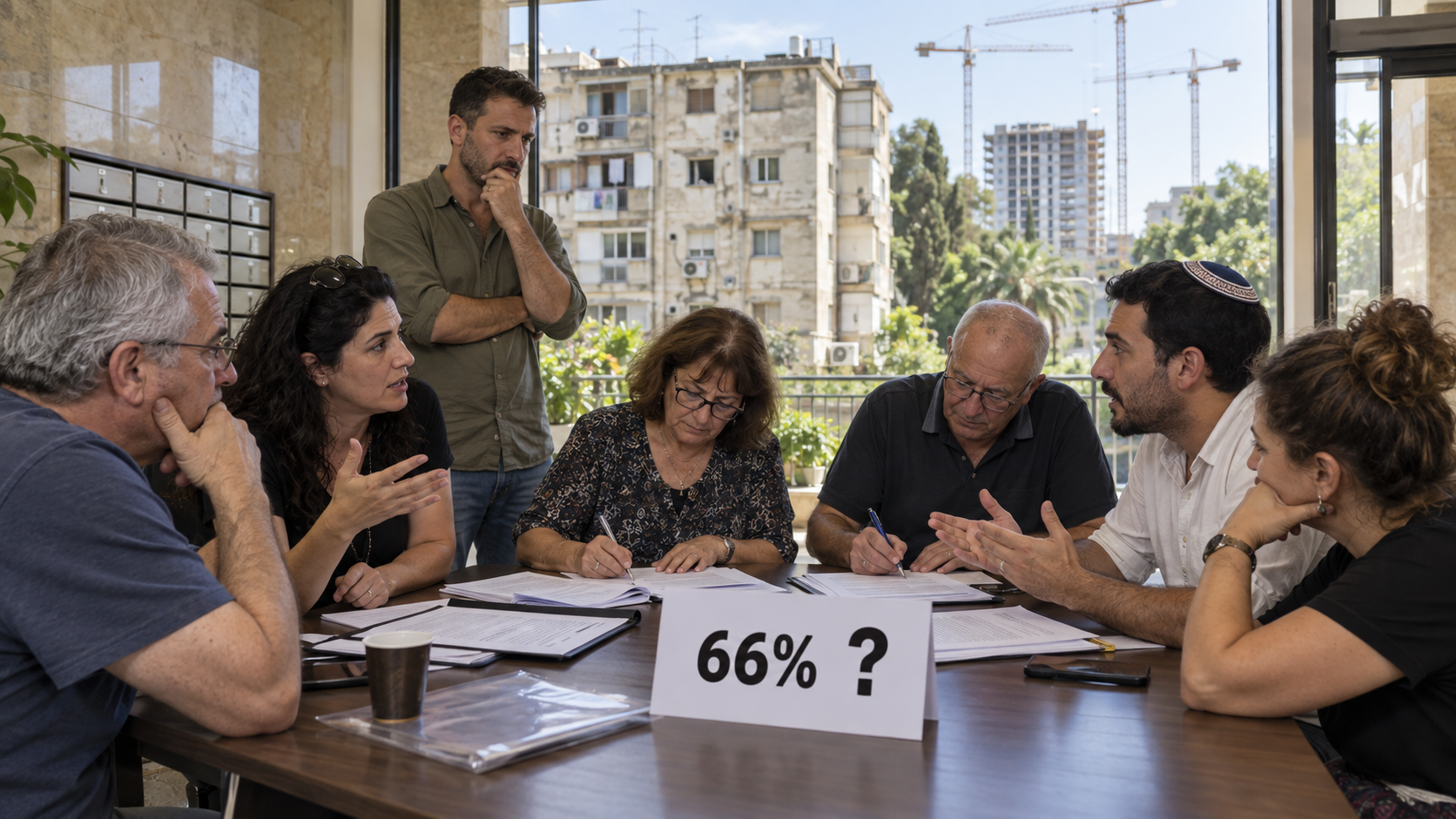 מתחם מגורים מפותח וריק עם שער סגור ומנופים ברקע