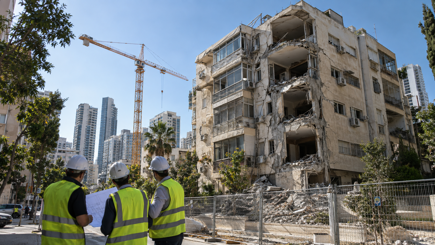 בניין מגורים שנפגע ברמת גן לצד צוותי תכנון ומנוף