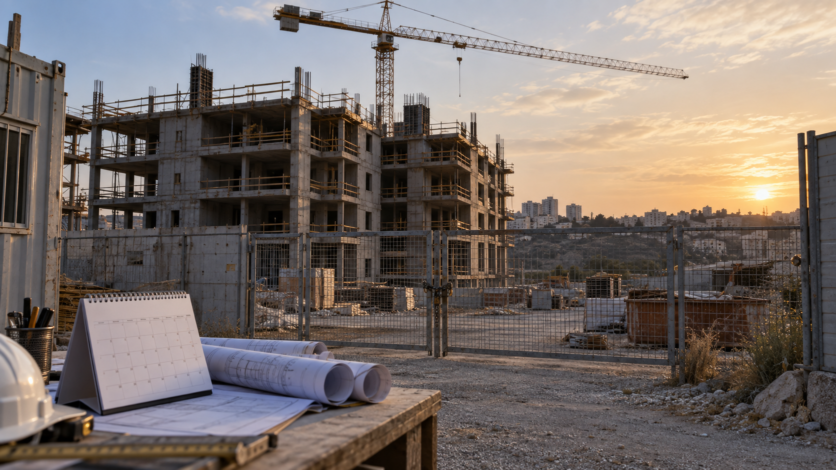 אתר בנייה שהתעכב עם מנוף ולוח שנה
