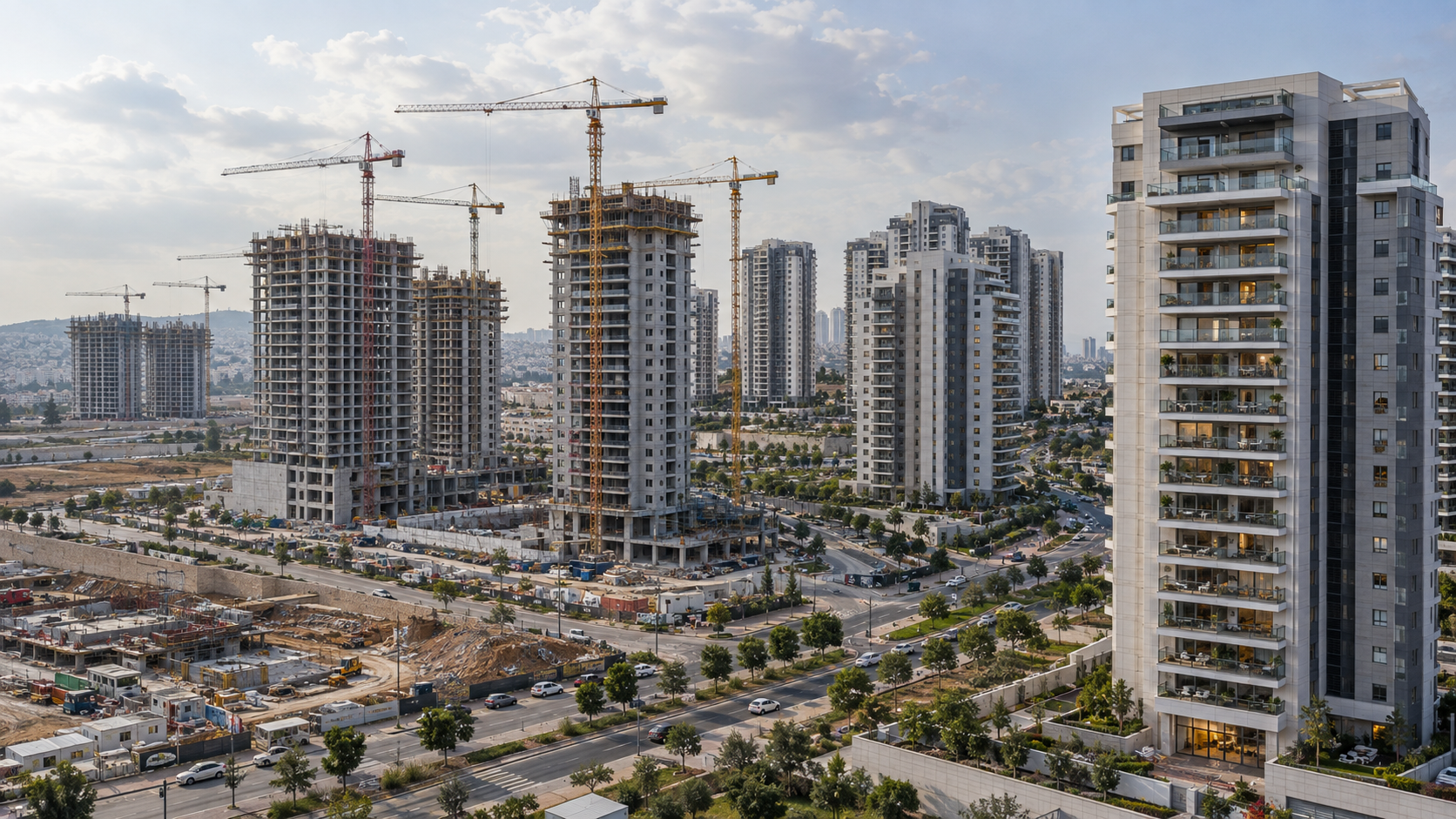 מגדלי מגורים בישראל בשלבי בנייה שונים לצד בניין מאוכלס